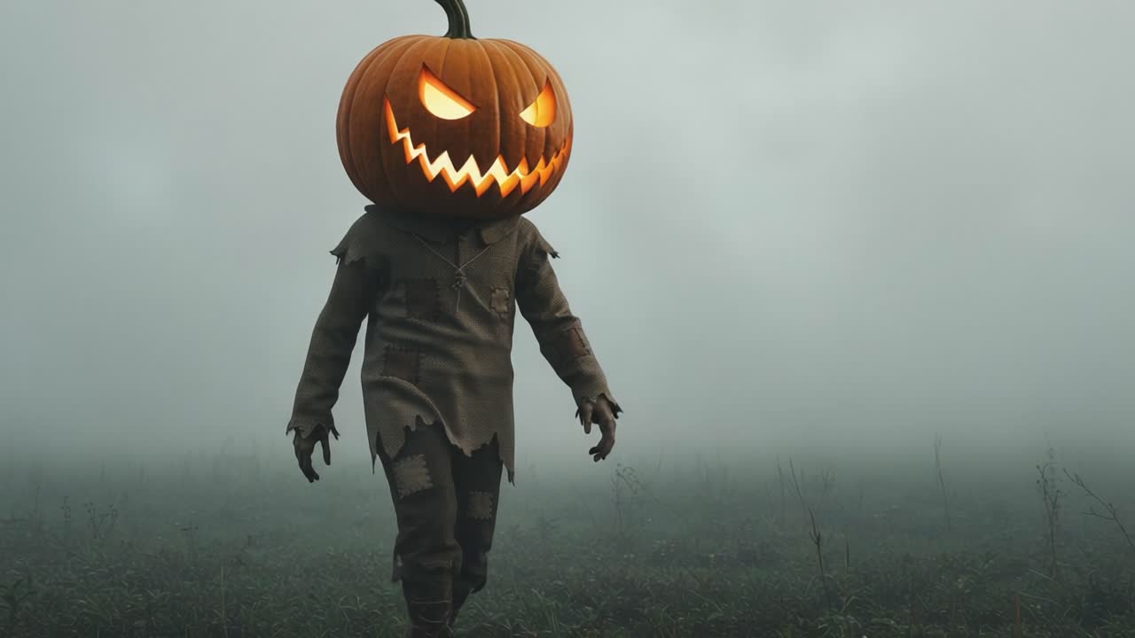 A Creepy Scarecrow in a Foggy Field with a Menacing Jack-o'-Lantern Head Captures the Essence of Halloween Frights and Spooky Atmosphere