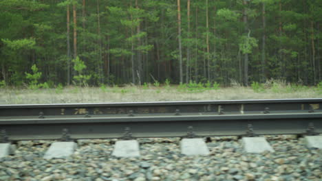 a close view of a train passing by on the railway tracks, the motion blur captures the speed of the train, while the background shows a forested area