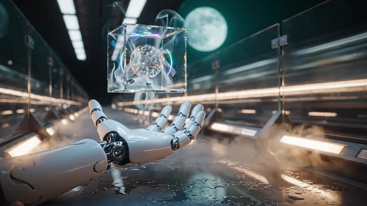 A futuristic robotic hand interacts with a glowing cube, emitting smoke under a moonlit backdrop in a high-tech environment, showcasing advanced technology and automation.
