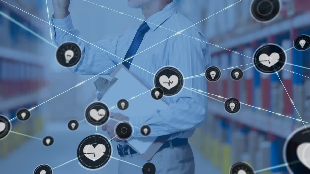 창고에서 일하는 사람 위의 아이콘과 연결 네트워크의 애니메이션