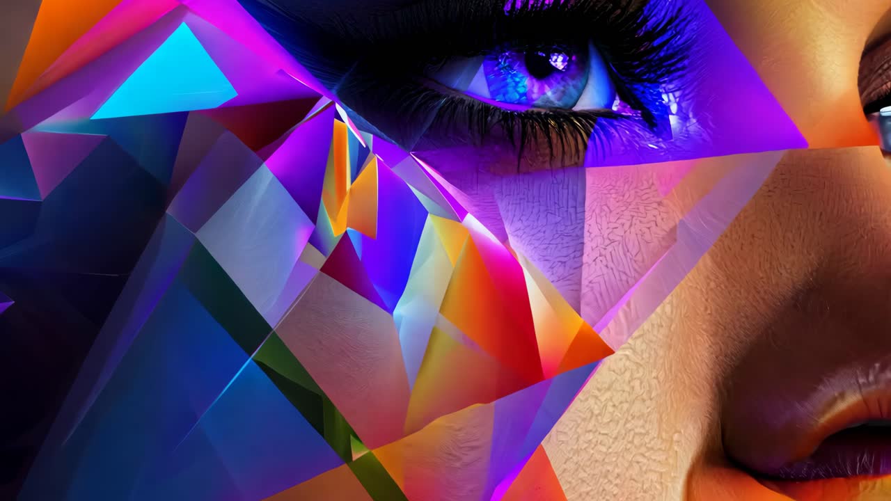 A woman's face is shown in a colorful, abstract style. The colors are bright and vibrant, creating a sense of energy and excitement. The woman's eyes are large and captivating
