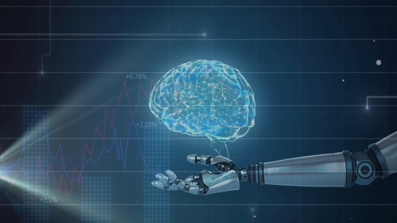 Animation of data processing and brain over robotic arm