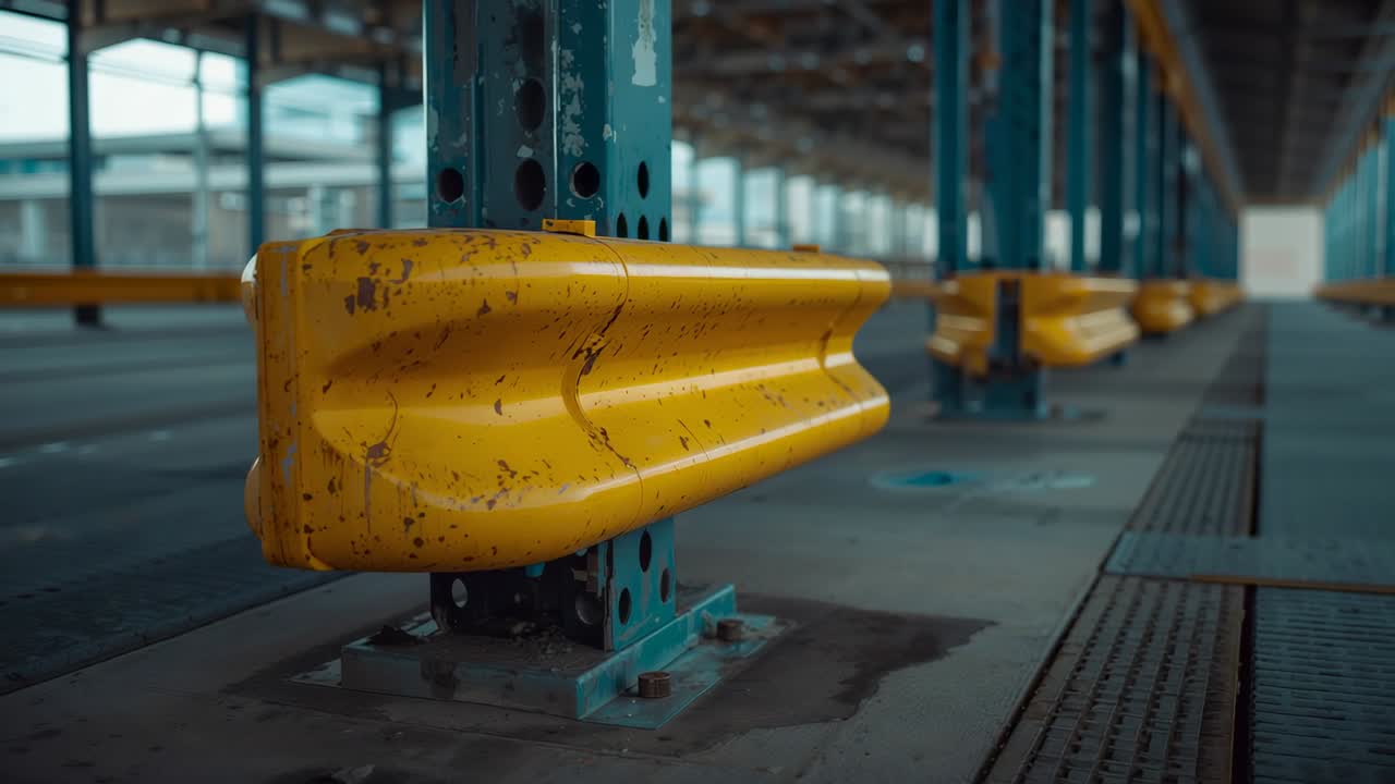 Panning camera revealing blue columns and drainage grates in warehouse with yellow bumpers
