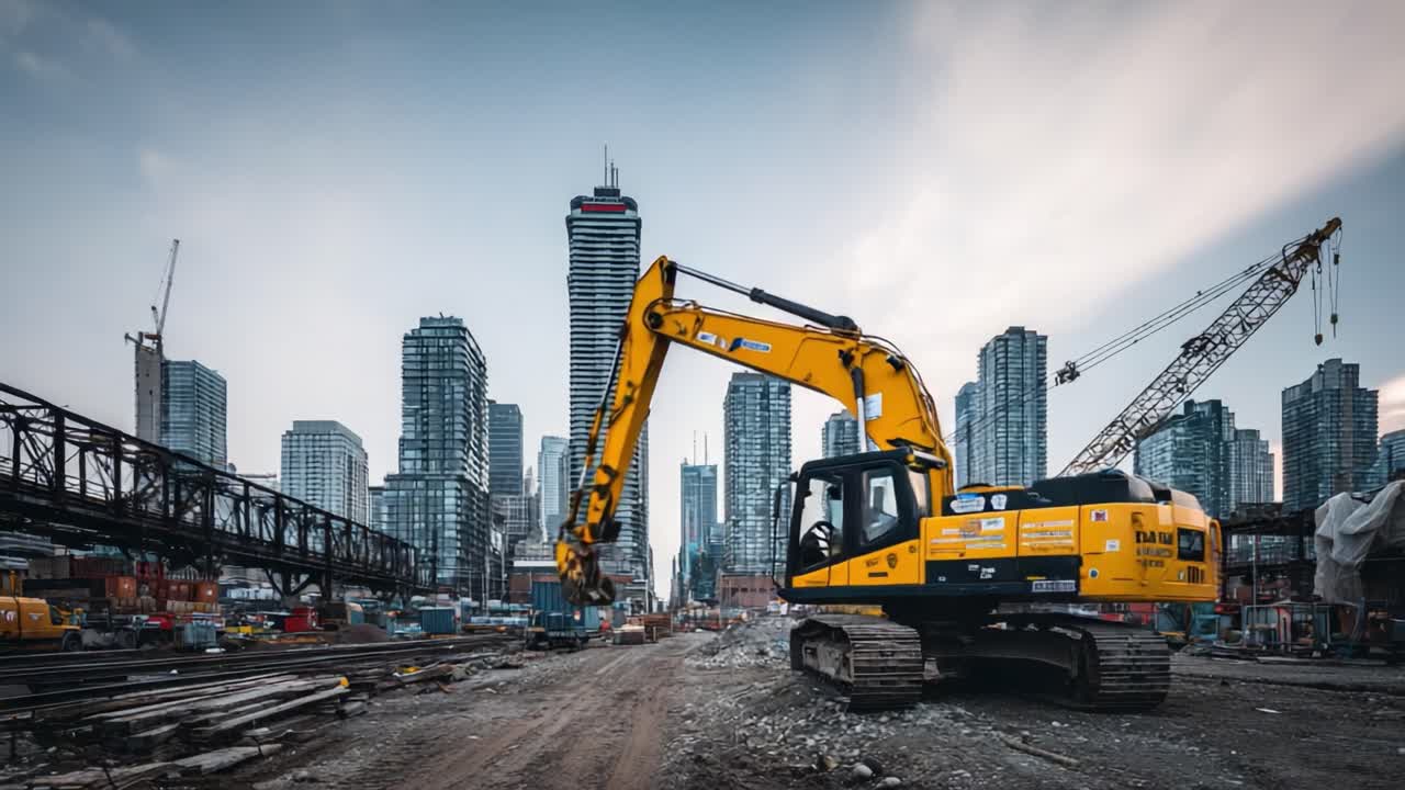 En dynamisk byggeplads, der viser tungt maskineri midt i byudviklingen, med en gravemaskine i aktion omgivet af skyskrabere og igangværende projekter