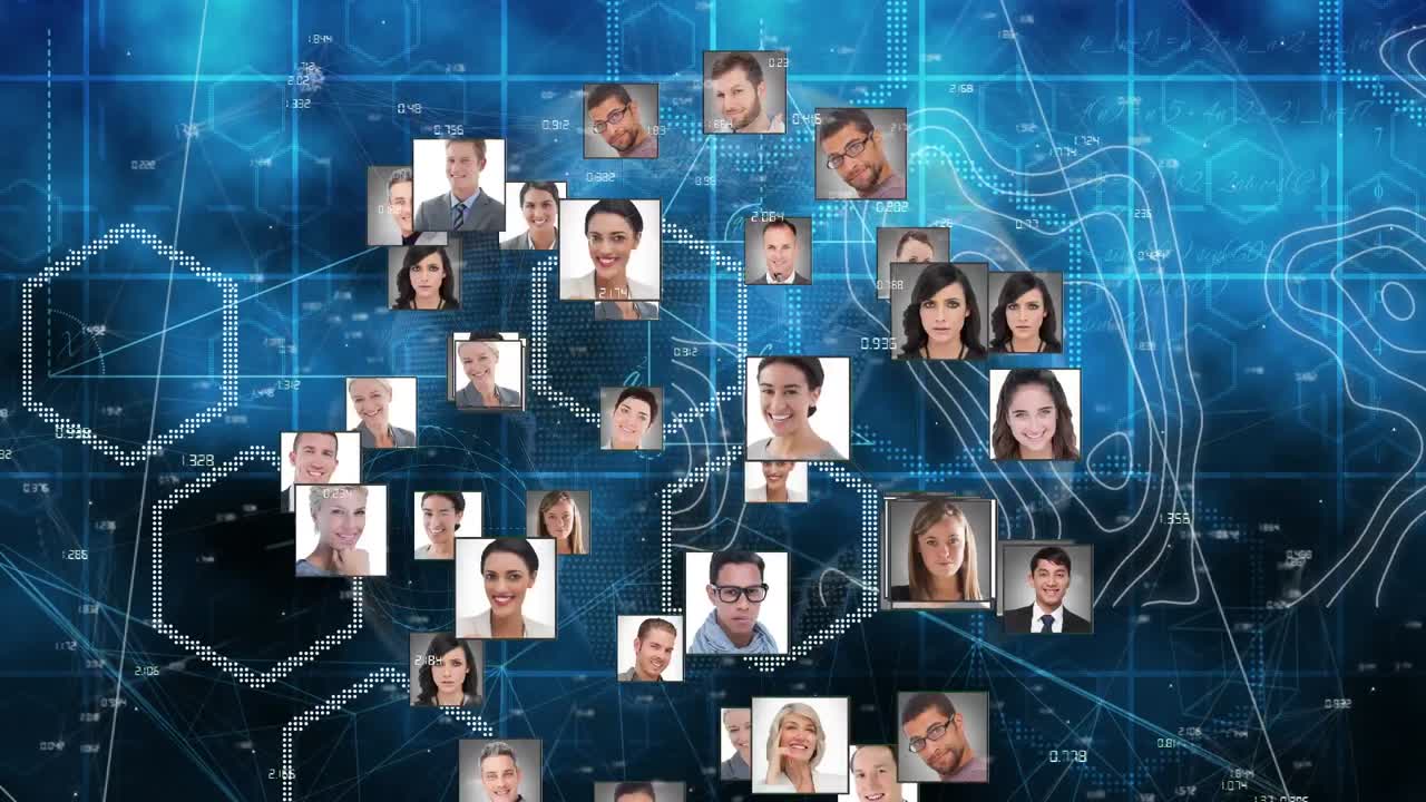 globo de iconos de perfil contra la topografía y formas hexagonales sobre fondo azul