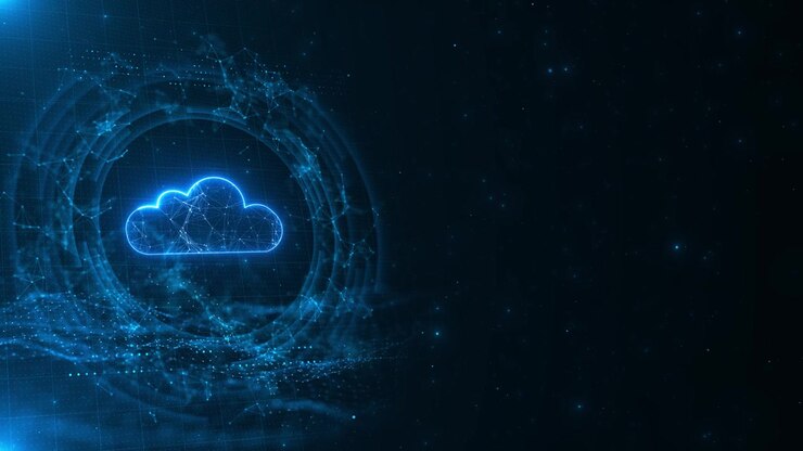 Blue cloud computing network background glowing cloud icon connected digital nodes circular tech