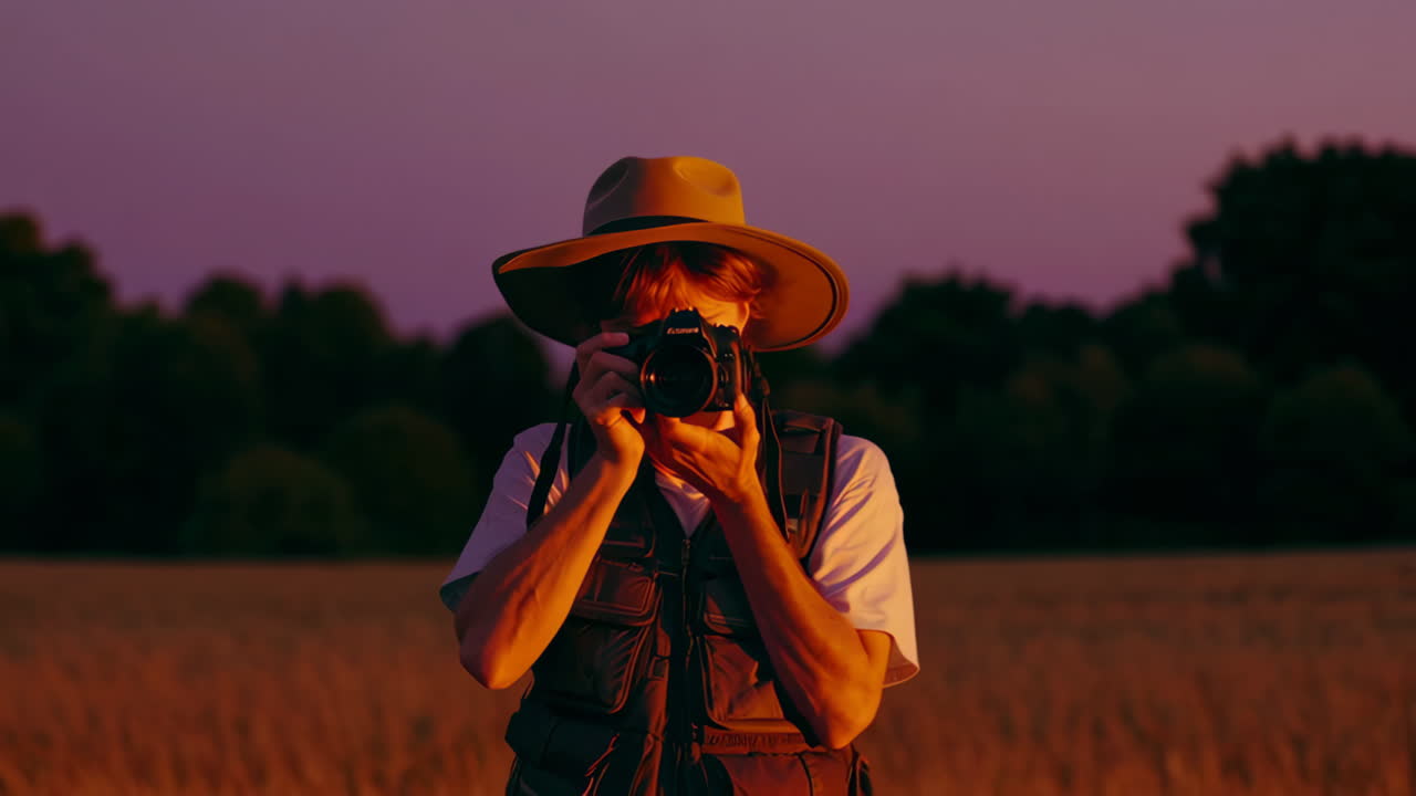 Photographer in a Wheat Field at Sunset