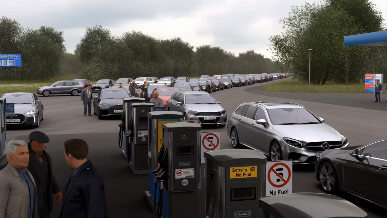 Long queue of cars waiting at a petrol station during a fuel shortage