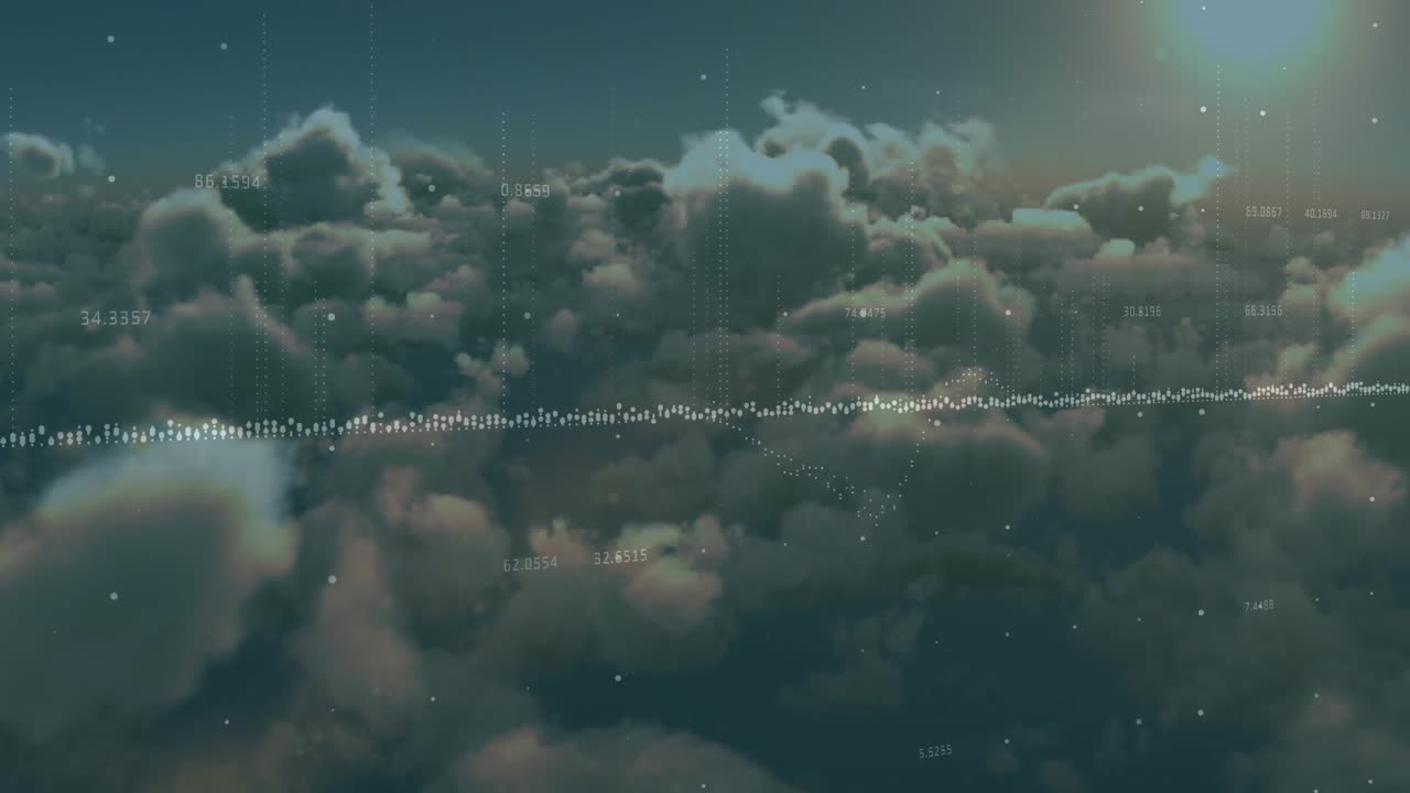 Sollys buer over skyer, forårsager bølgeformspulsering og bevægelige datamærker, visualiserer lydflow