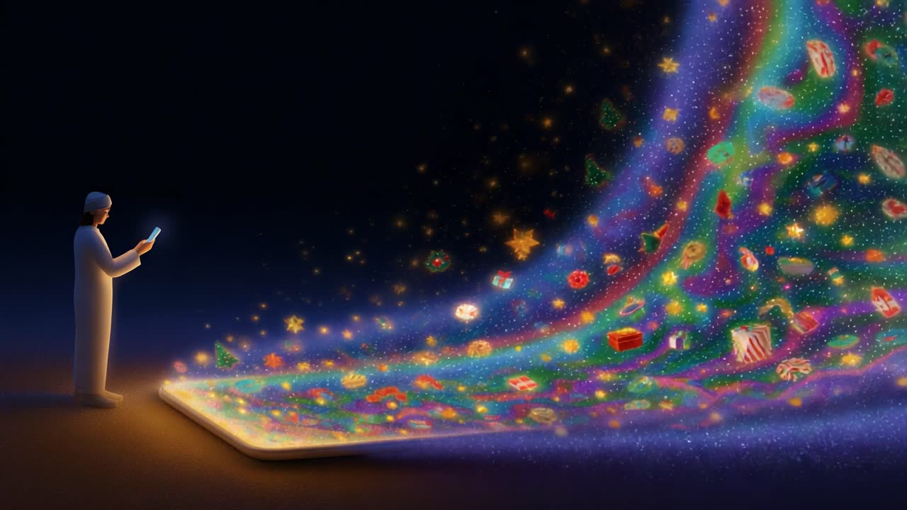 A magical moment where technology and imagination blend seamlessly, as a person stands captivated by a vibrant cascade of festive icons and colors flowing from a device, evoking a sense of wonder and joy