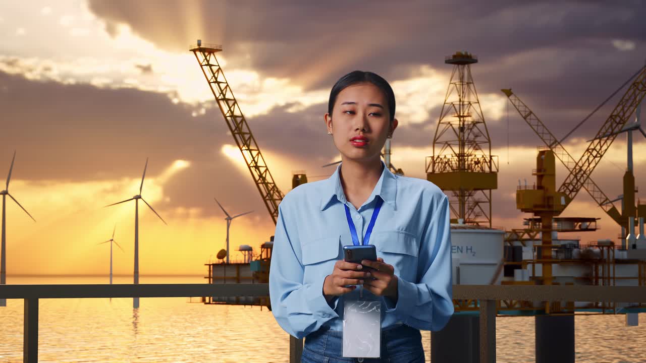 아시아 여성 직업 노동자가 스마트폰을 들고 서서 해상 수소 생산, 첨단 기술 산업 시설, 그녀는 스마트폰으로 집중하기 전에 주변을 둘러보며 관찰합니다.