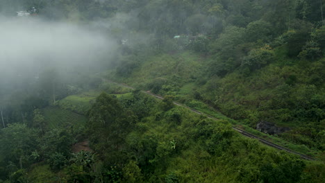 establishing aerial drone shot of hills in ella on misty morning in sri lanka