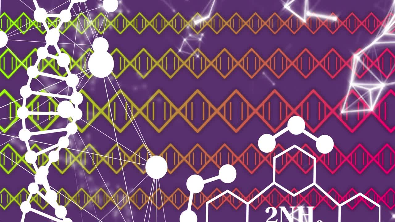 la estructura del adn girando y las estructuras químicas contra la red de conexiones en fondo púrpura