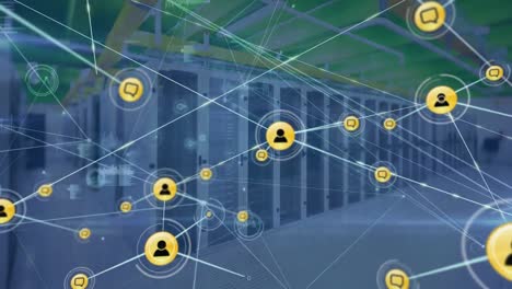 Animation-of-network-of-digital-icons-and-data-processing-against-computer-server-room