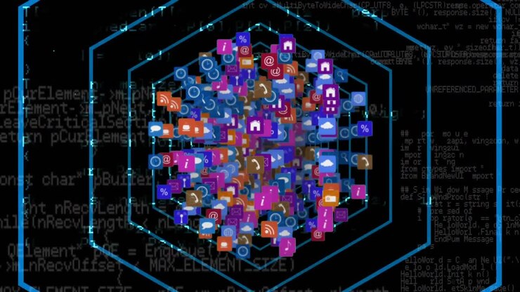 Internet icons and symbols in the shape of a sphere