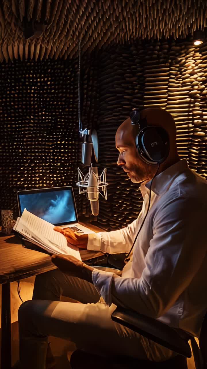 A Man Recording Audio in a Soundproof Studio, Analyzing Scripts and Enhancing Production Quality with a Microphone, Laptop, and Headphones