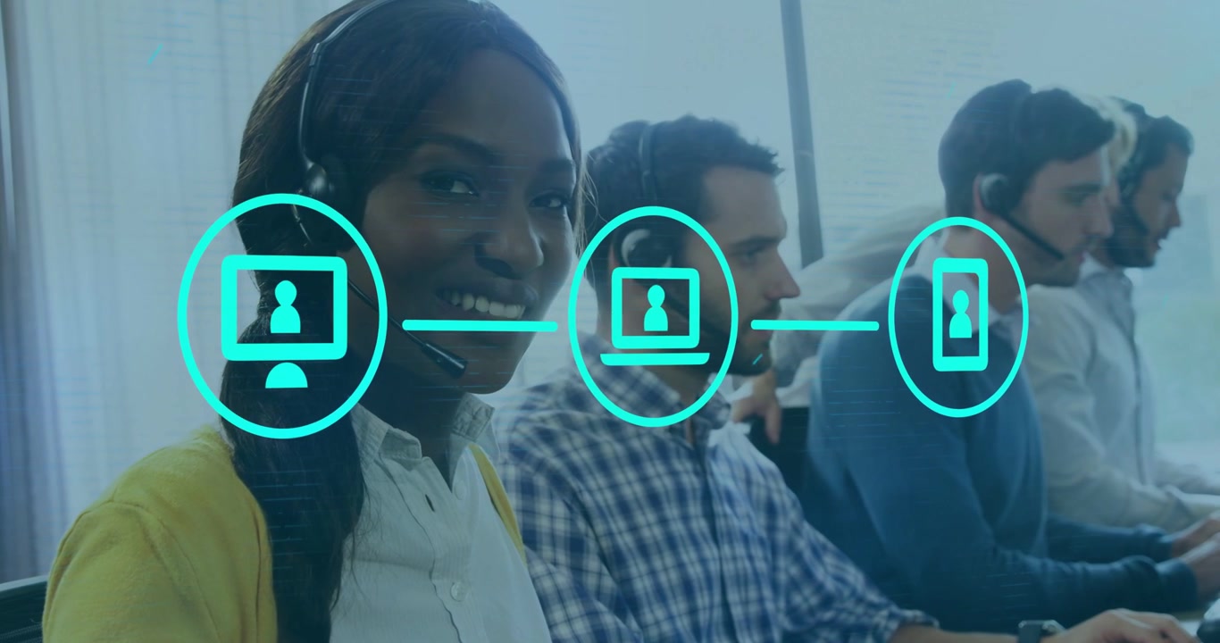 Woman typing with team in call center, incoming call initiating turquoise linking icons for routing
