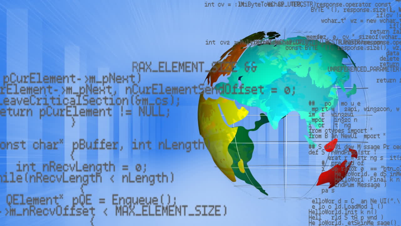 animación de globo giratorio y procesamiento de datos contra el corredor de la oficina