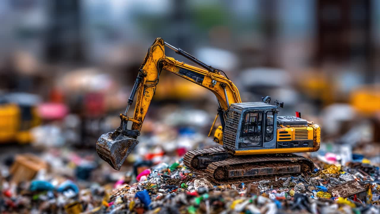 Un escavatore ripreso da vicino mentre lavora su una pila di rifiuti, evidenziando l'importanza della gestione dei rifiuti e degli interventi di bonifica ambientale