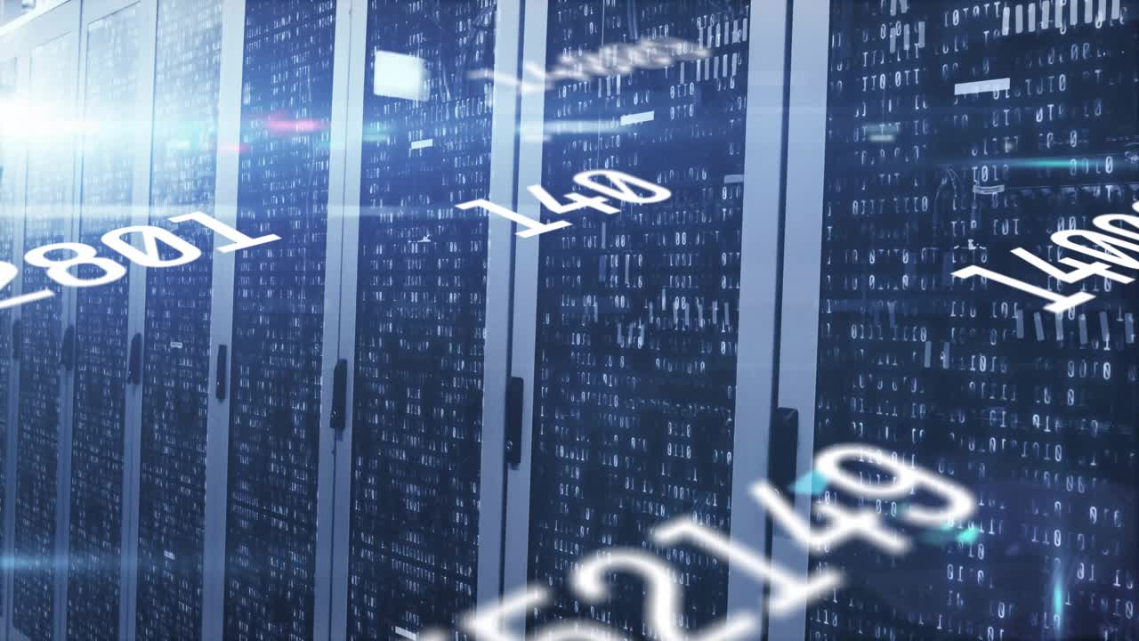 Server cabinets binary digits launching flowing numbers drifting diagonally showing data transfer