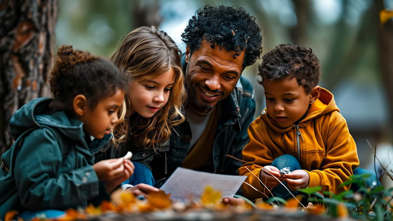Padre che legge con i figli all'aperto. Un padre passa del tempo con i suoi bambini leggendo insieme in una foresta autunnale