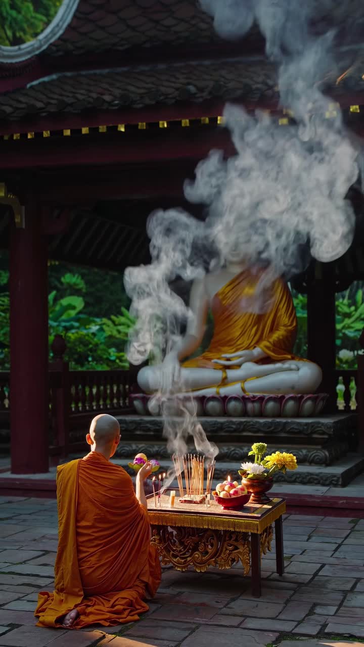 En fredfyldt videoscene fanger en munk i orangefarvet klædedragt fra en lav engel, der mediterer foran en Buddha