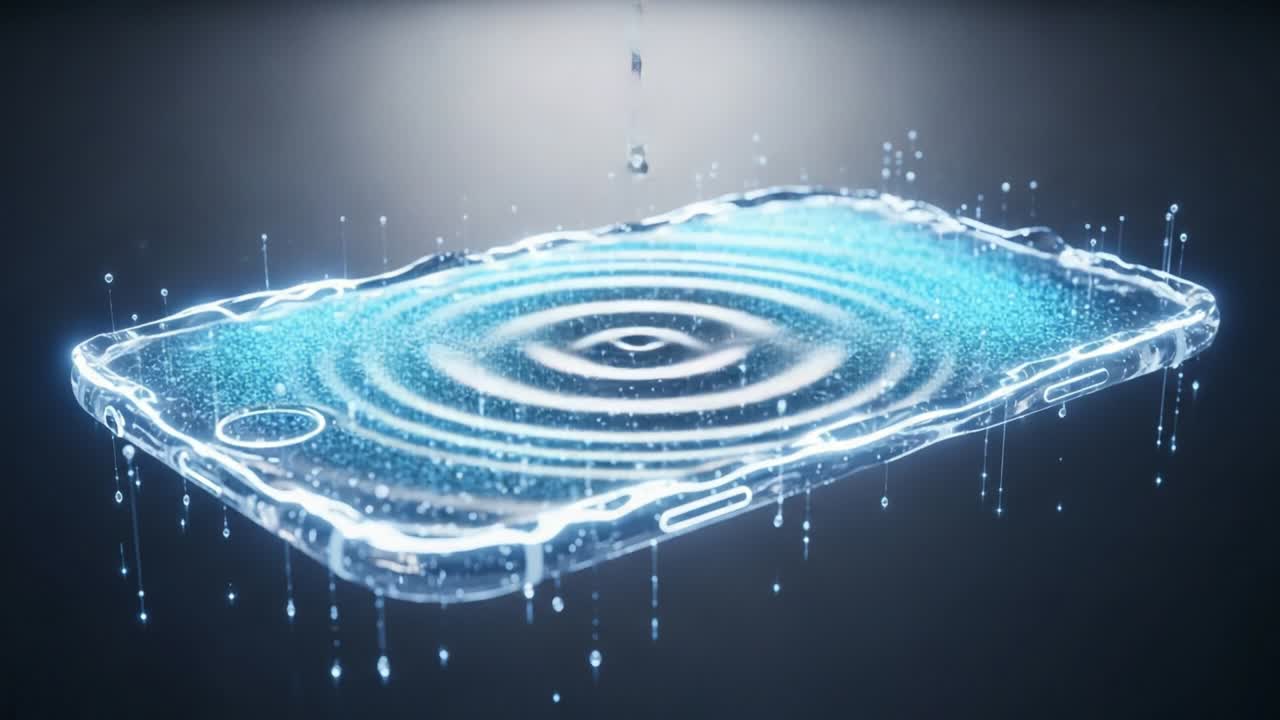 Captivating Visuals of Water Droplets on a Glowing Smartphone Screen, Illustrating Unique Ripples and Reflections in a Dark Setting