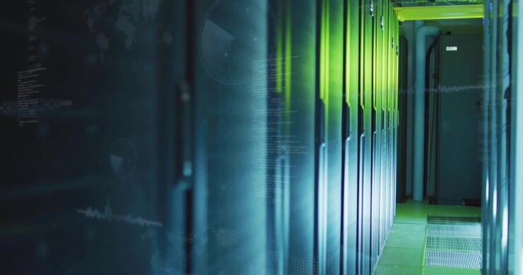 Camera tracking forward down server aisle, revealing rack bank LED status to view with HUD overlays