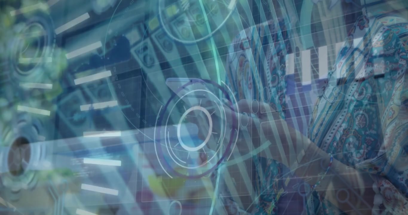 Animation of network of connections with icons over woman using smartphone