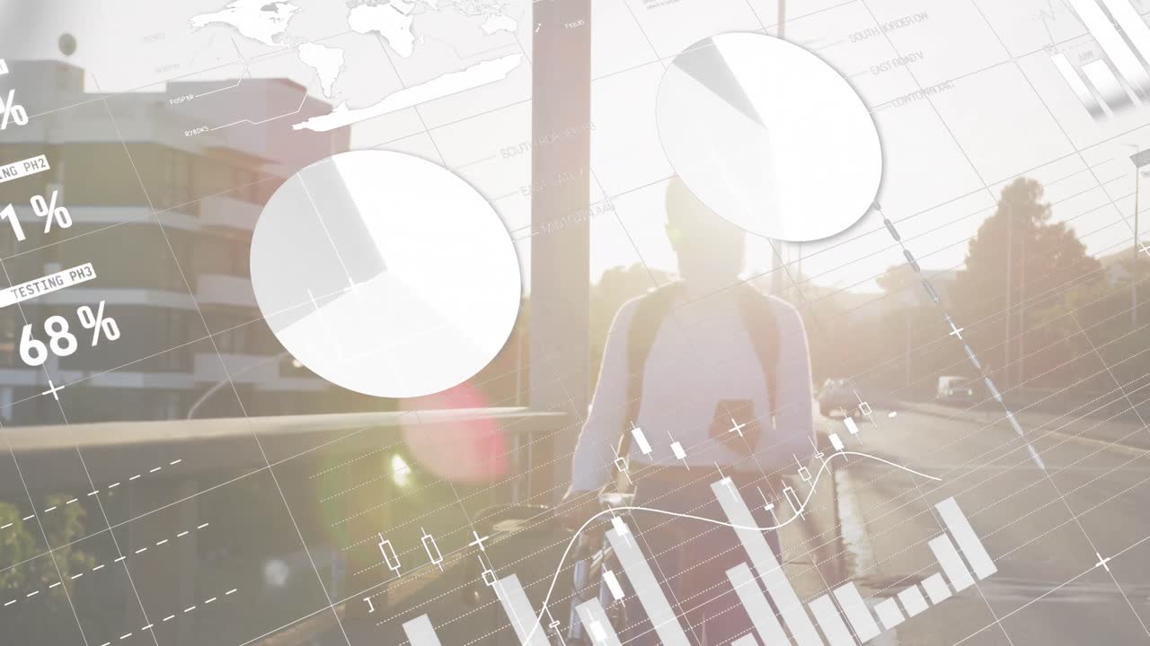 거리에서 스마트폰을 사용하는 아프리카계 미국인 여성에 대한 통계 데이터 처리의 애니메이션