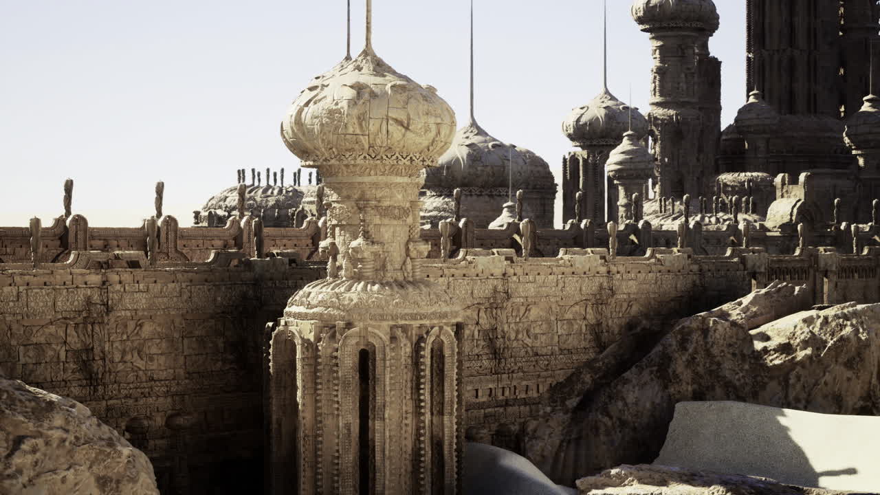 Majestic ancient architecture in a desolate landscape illuminated by sunlight