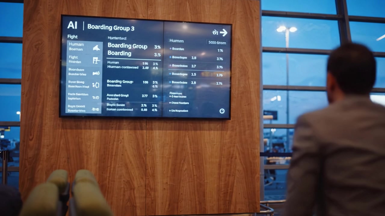 Passengers Waiting in Airport Lounge with Flight Information Displayed on Digital Screen During Evening, Highlighting Departure and Boarding Details