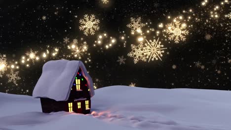 Animation-of-snow-falling-over-house-decorated-with-fairy-lights-and-winter-landscape