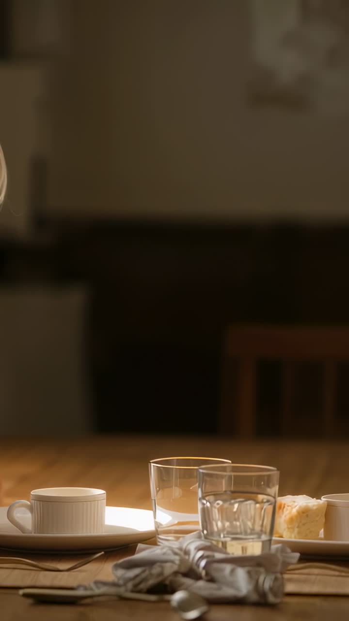 Vertical video: Entering from left woman leaning toward home table, reaching for ramekin to eat
