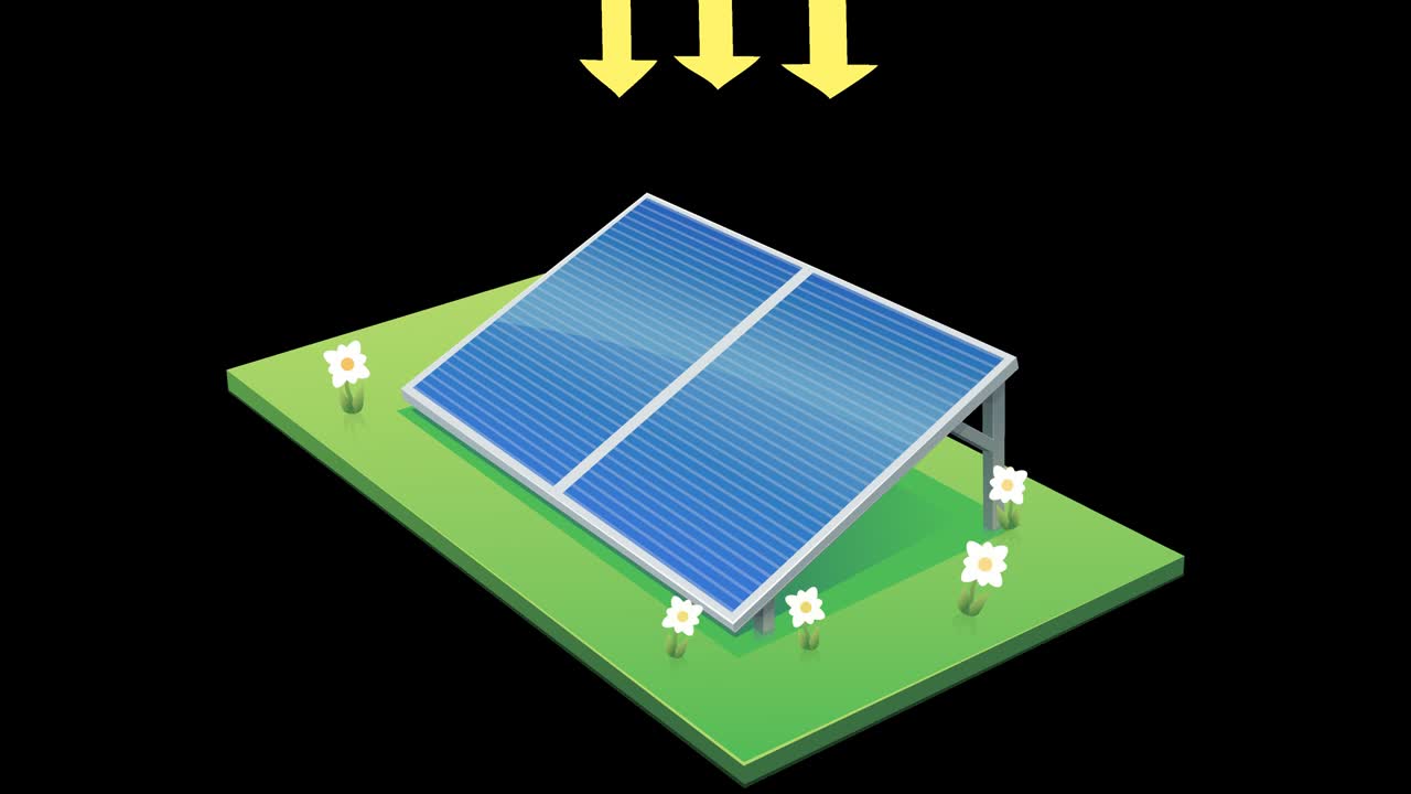 태양 광선에 의해 타격 된 태양 패널: 알파 채널과 함께 검은 바탕에 애니메이션 루프