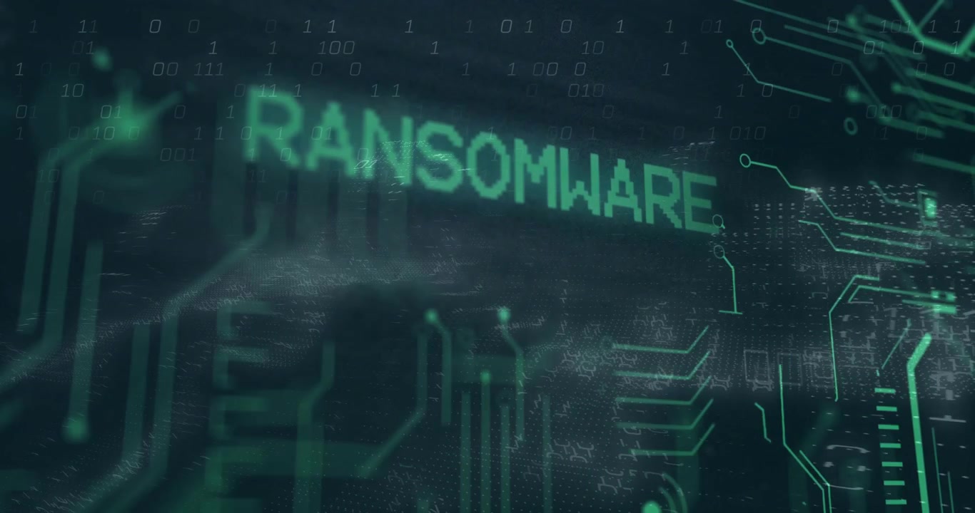 Ransomware animation with binary code and digital wave pattern in background