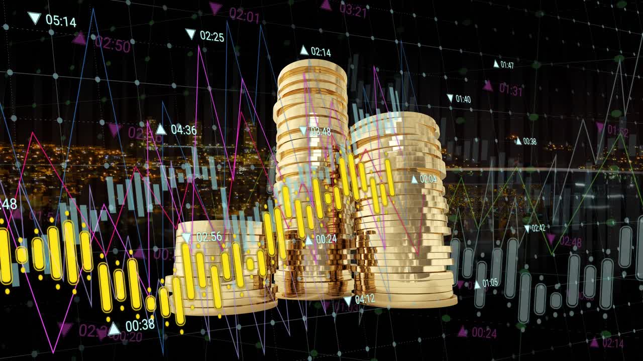 animación del procesamiento de datos financieros sobre monedas de oro