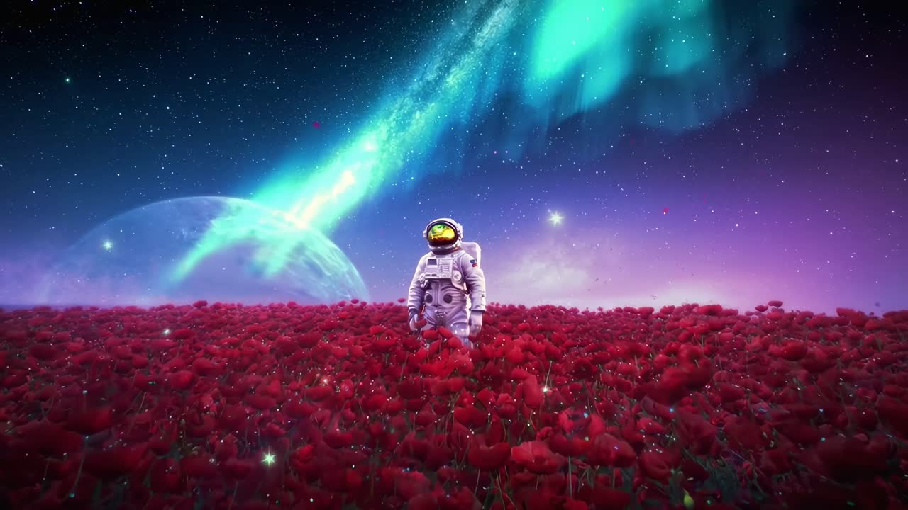 Surreaalinen videokonsepti, jossa on astronautti unikkomeren keskellä tähtitaivaan alla, laaja kulma, Live