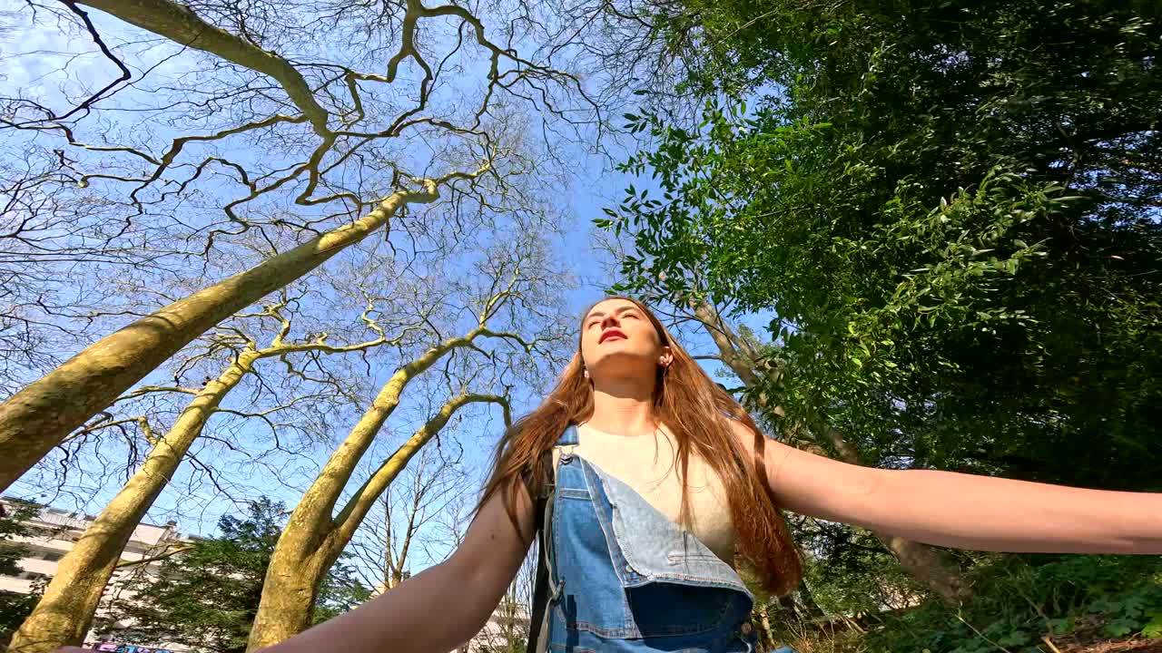 Woman in a park looking at the trees