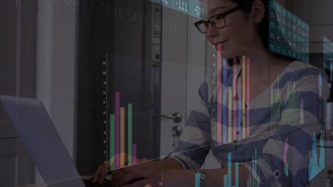 animation of data processing over asian businesswoman using laptop