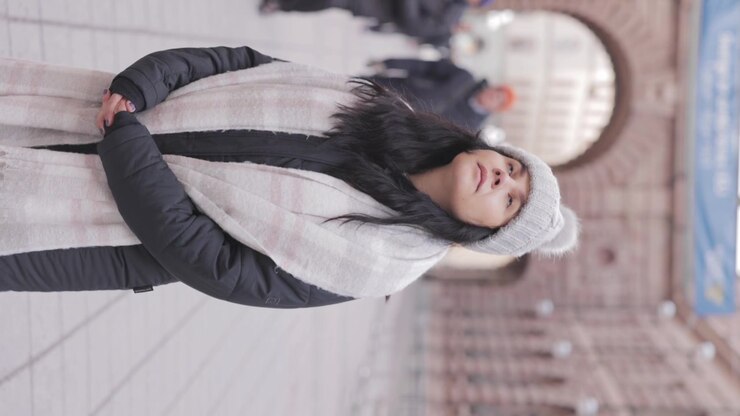 Vertical - Female Tourist In Winter Clothing Roaming The Street Of Riksgatan In The Old Town Of Gamla Stan In Stockholm, Sweden.
