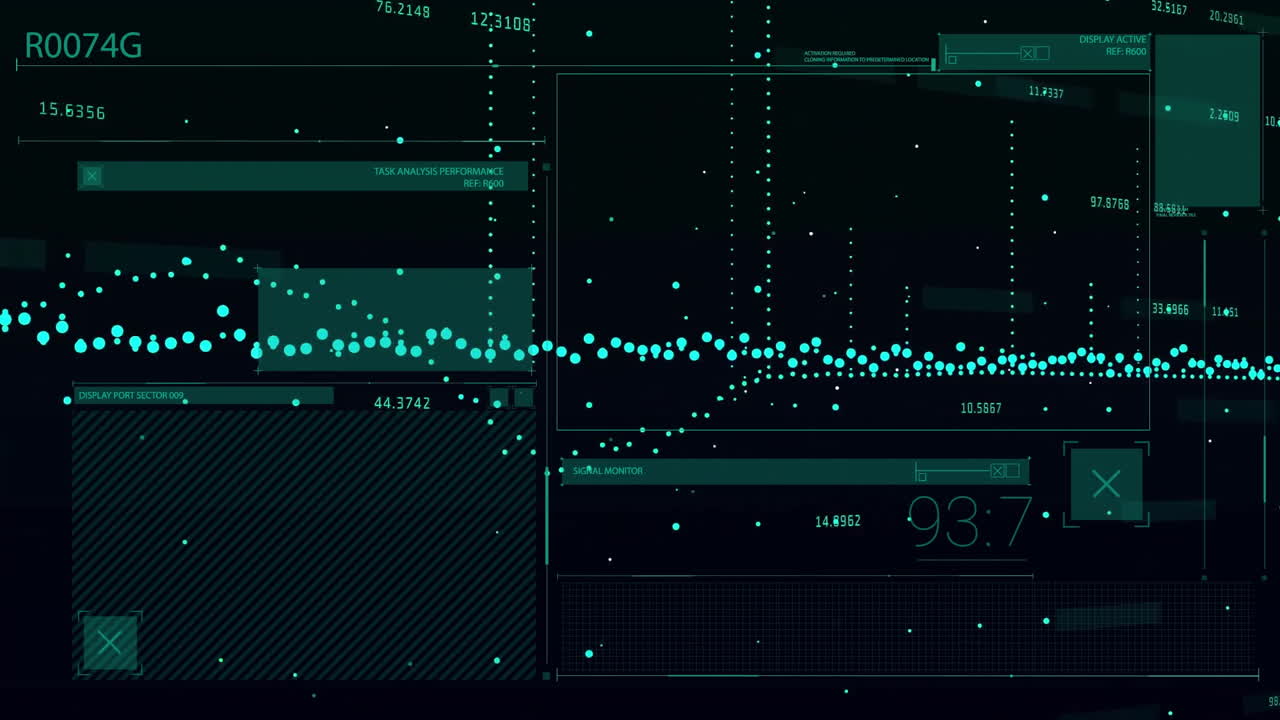 Animation of blue data stream and processing data over dark interface screens