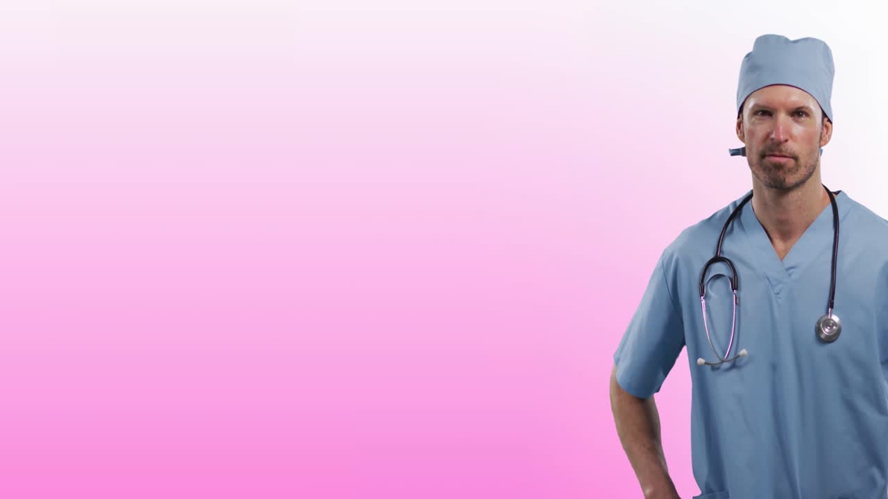 animación de un trabajador de la salud caucásico de pie contra un fondo de gradiente rosa con espacio de copia.