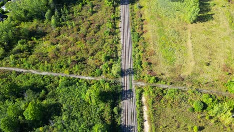 revelación aérea delantera de las vías del tren a través del bosque por agua, canadá