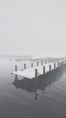 tranquil winter morning at a foggy lakeside dock with a cozy cabin