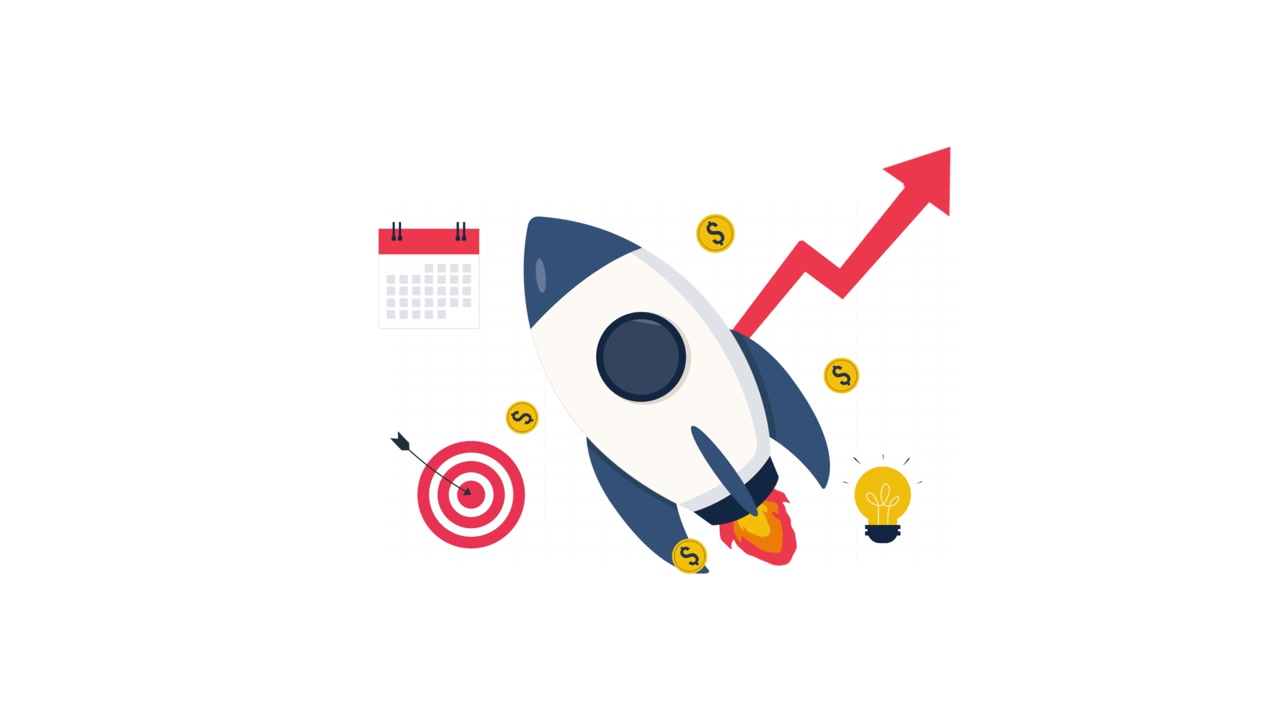 Animated Rocket Launching with Business Growth Symbols