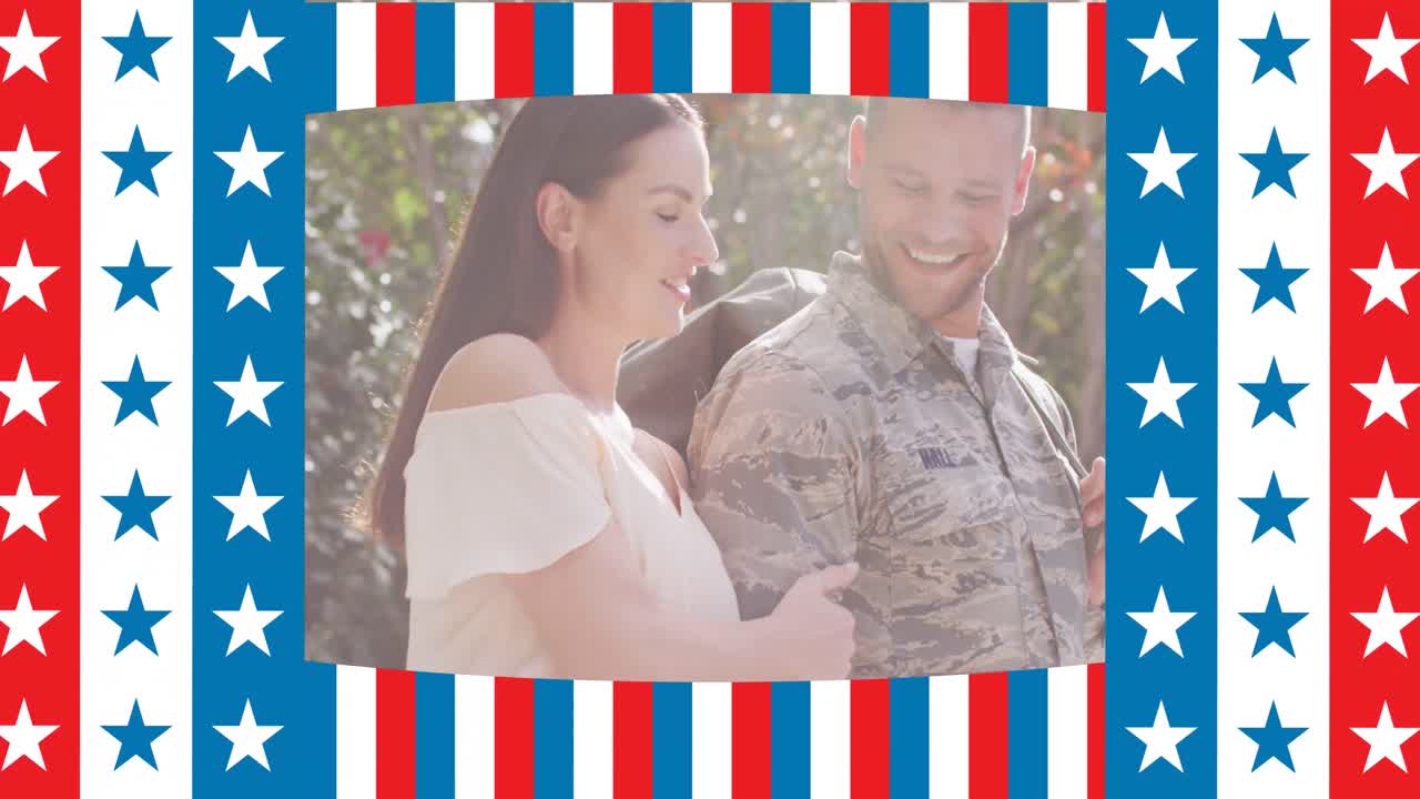 animación de la bandera de los estados unidos de américa sobre un soldado feliz con su esposa