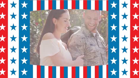 animation of flag of united states of america over happy soldier with wife