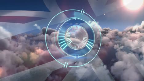 animation of safe lock rotating over uk flag and cloudy sky