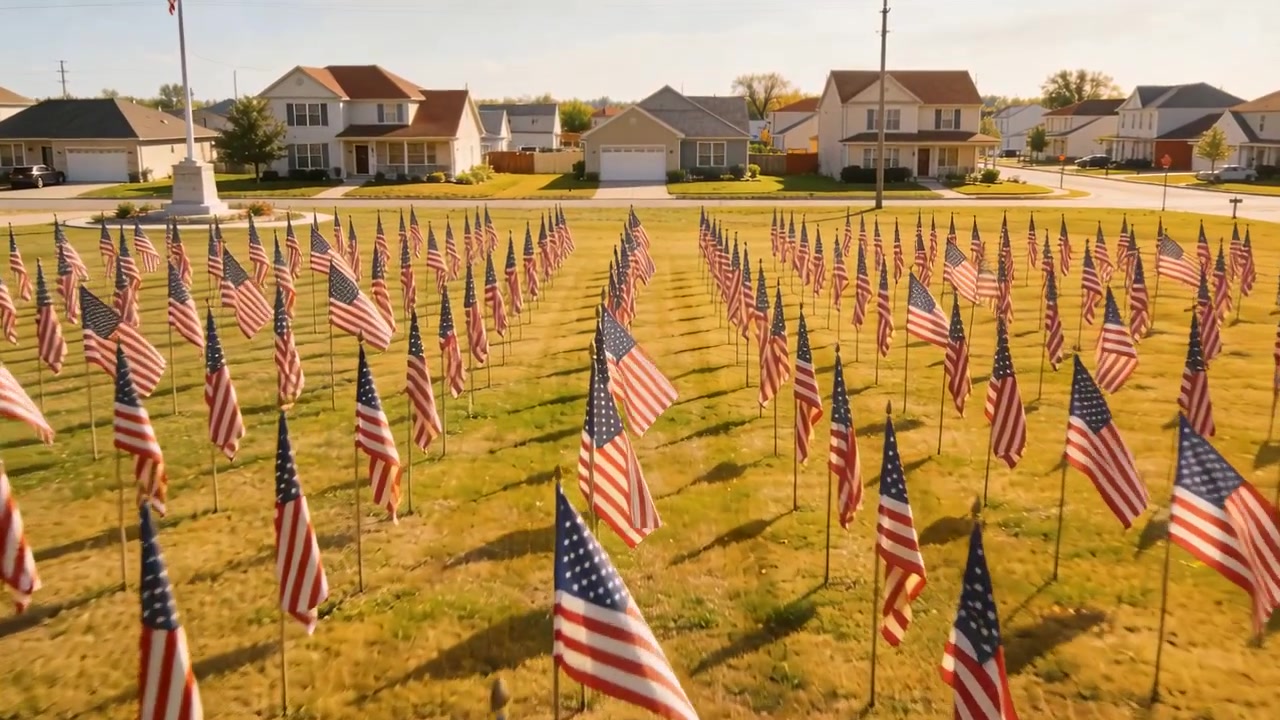 Moving aerial camera forward and lowering over suburban lawn, showing American flags fluttering